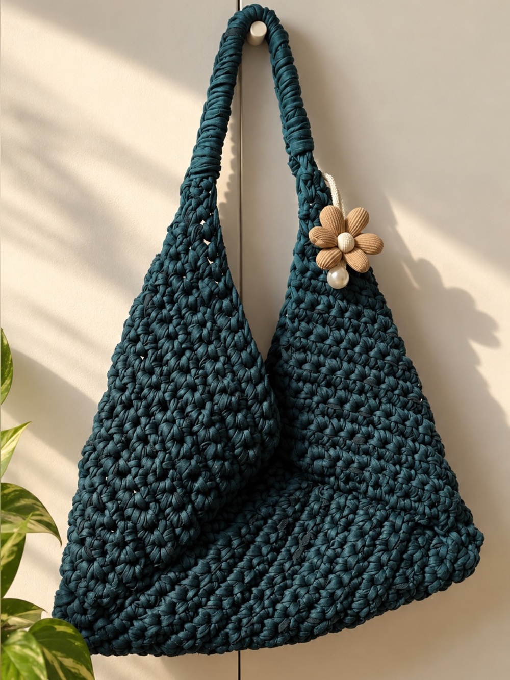 Handmade Teal Crochet Shoulder Bag with Floral Accent